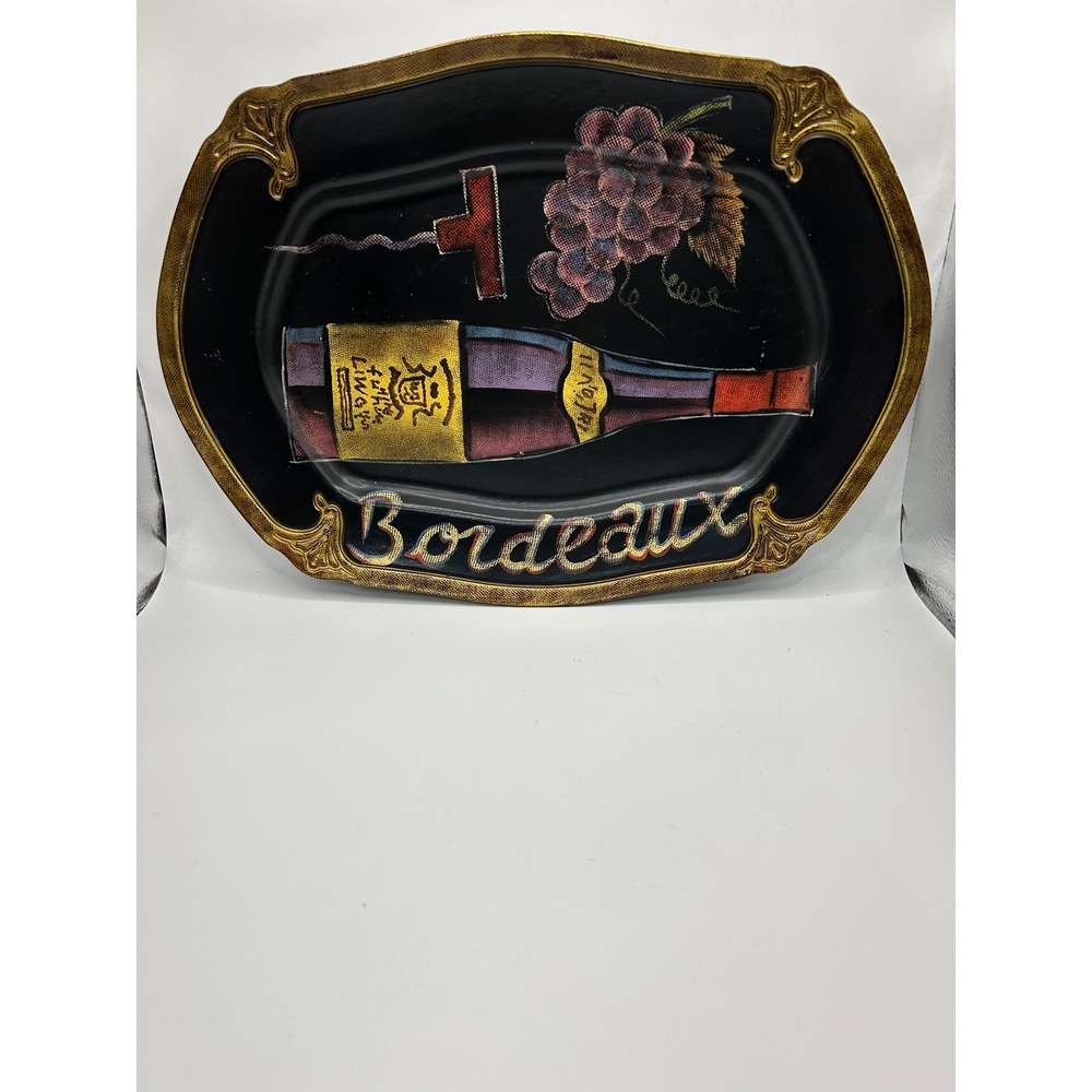 Tam San Designs Hand Painted Bordeaux Wine Grapes DecorativeTray Gold Trim 14"
